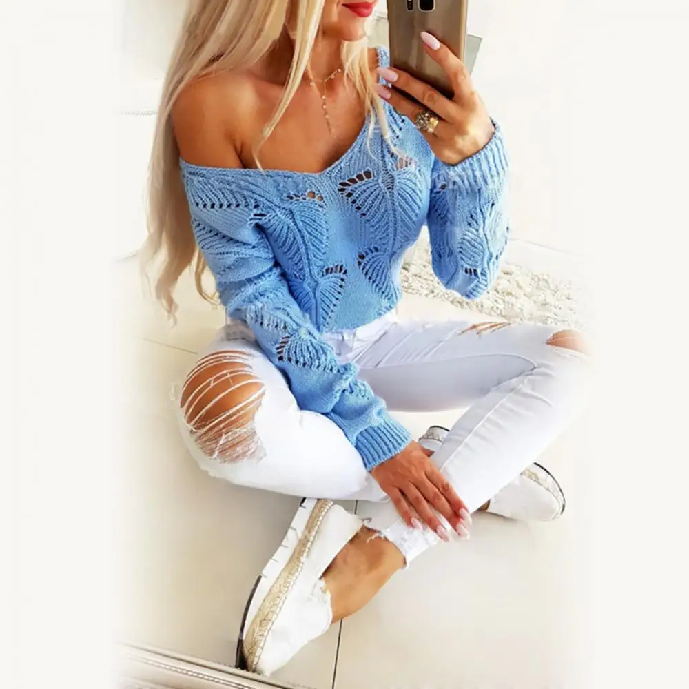 

Женский трикотажный свитер, однотонный пуловер с длинным рукавом и V-образным вырезом, Осень-зима 2021