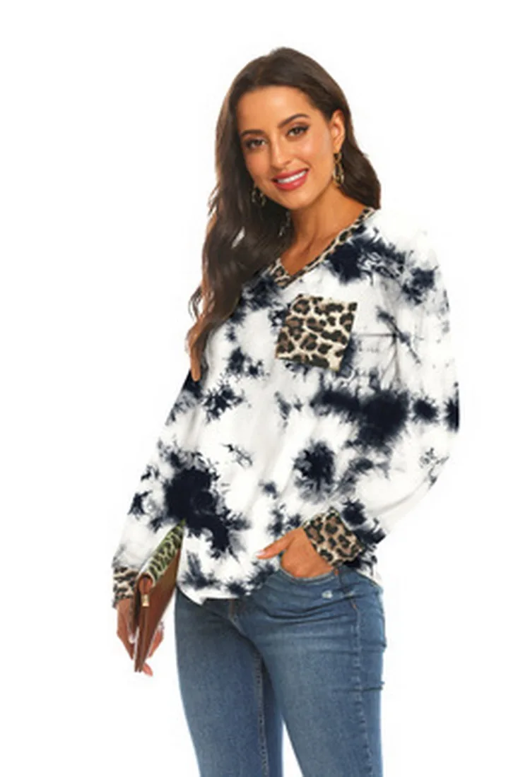 

2020 Fashion autumn winter new ladies V-neck leopard stitching pocket casual T-shirt gradient tie-dyed long-sleeved shirt