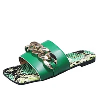 2021 new summer comfortable and cool chain snakeskin print leopard print flat heel square toe womens slippers