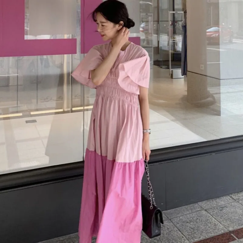 Женское плиссированное платье [EWQ] корейское с круглым вырезом и расклешенными