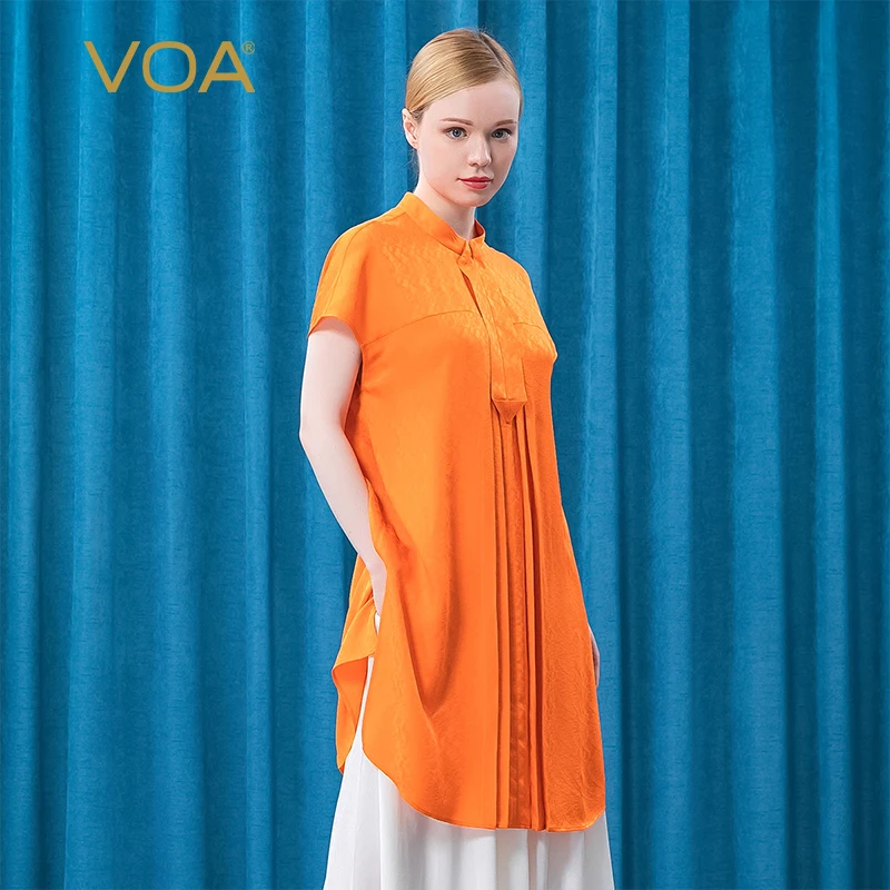 Online VOA Orange Jacquard Seide Semi-hohe Kragen Kurzarm Tops BE509 Drei-dimensionale Plissee Lose Und Bequeme Lange T-shirt