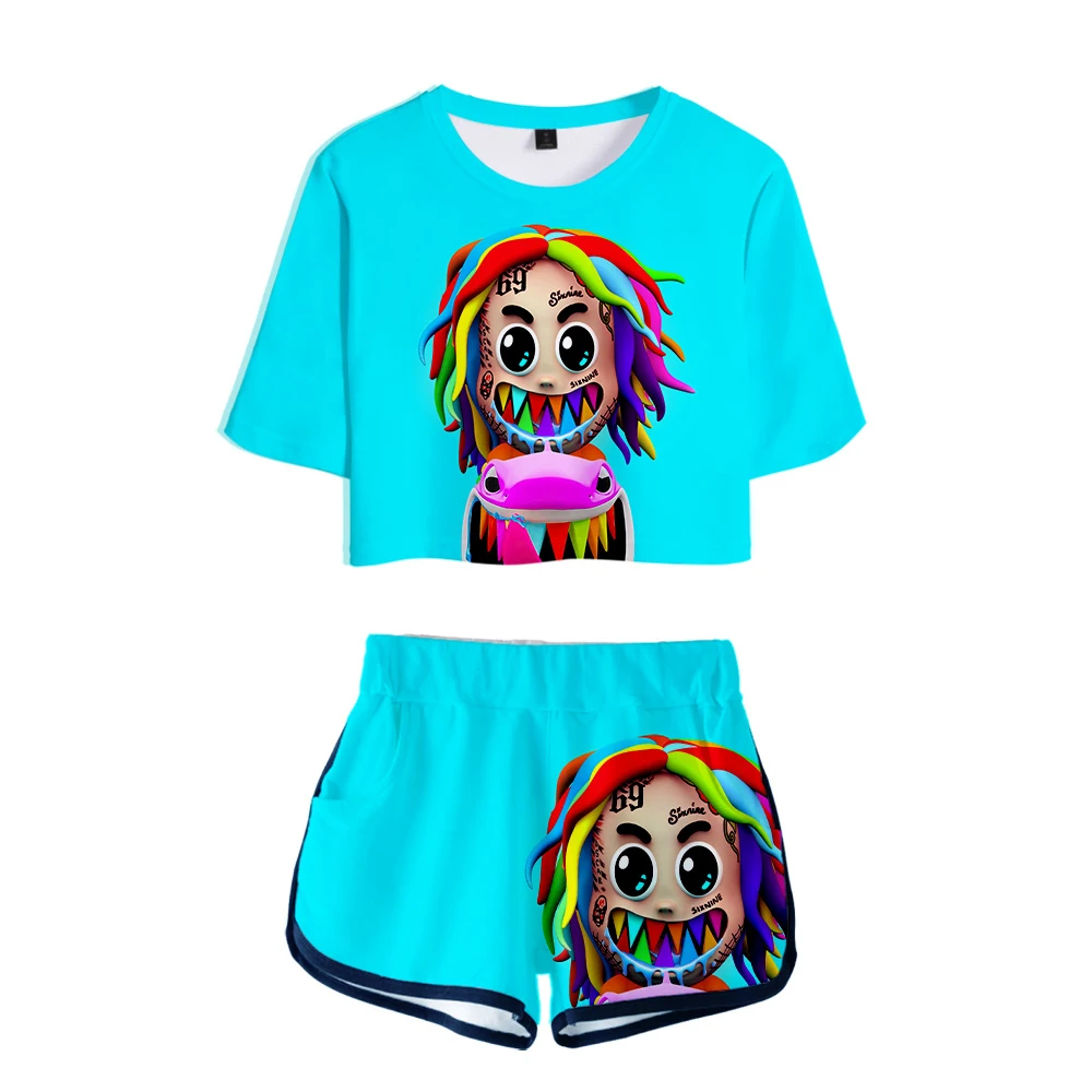 

2021 Women 3D Print T-shirt Hip Hop Style T-shirt and Shorts Girls Sports Navel Shorts Short Sleeve Outfits Sexy Two Piece Sets