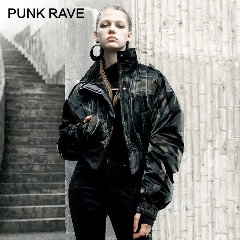Панк RAVE девушки хип-хоп зима теплый стоячий воротник камуфляж куртки красивый женщин Куртка бомбер
