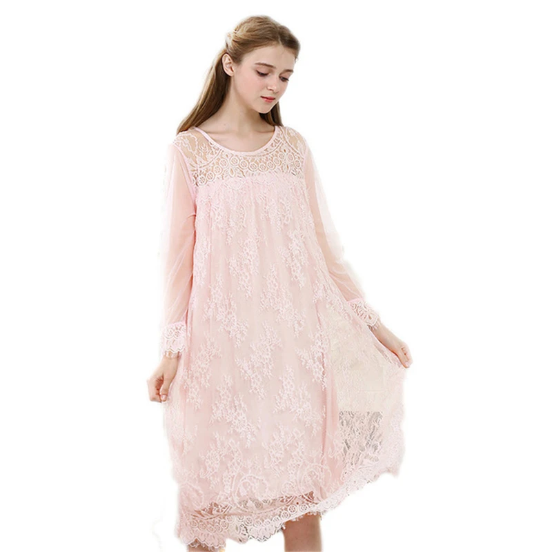 Женская ночная рубашка романтическая кружевная с длинным рукавом сладкая