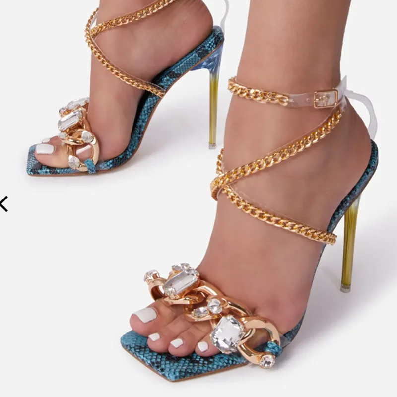 

Sandalias de gladiador con punta cuadrada para mujer, zapatos con correa en el tobillo, tacones altos de cristal con diamantes d