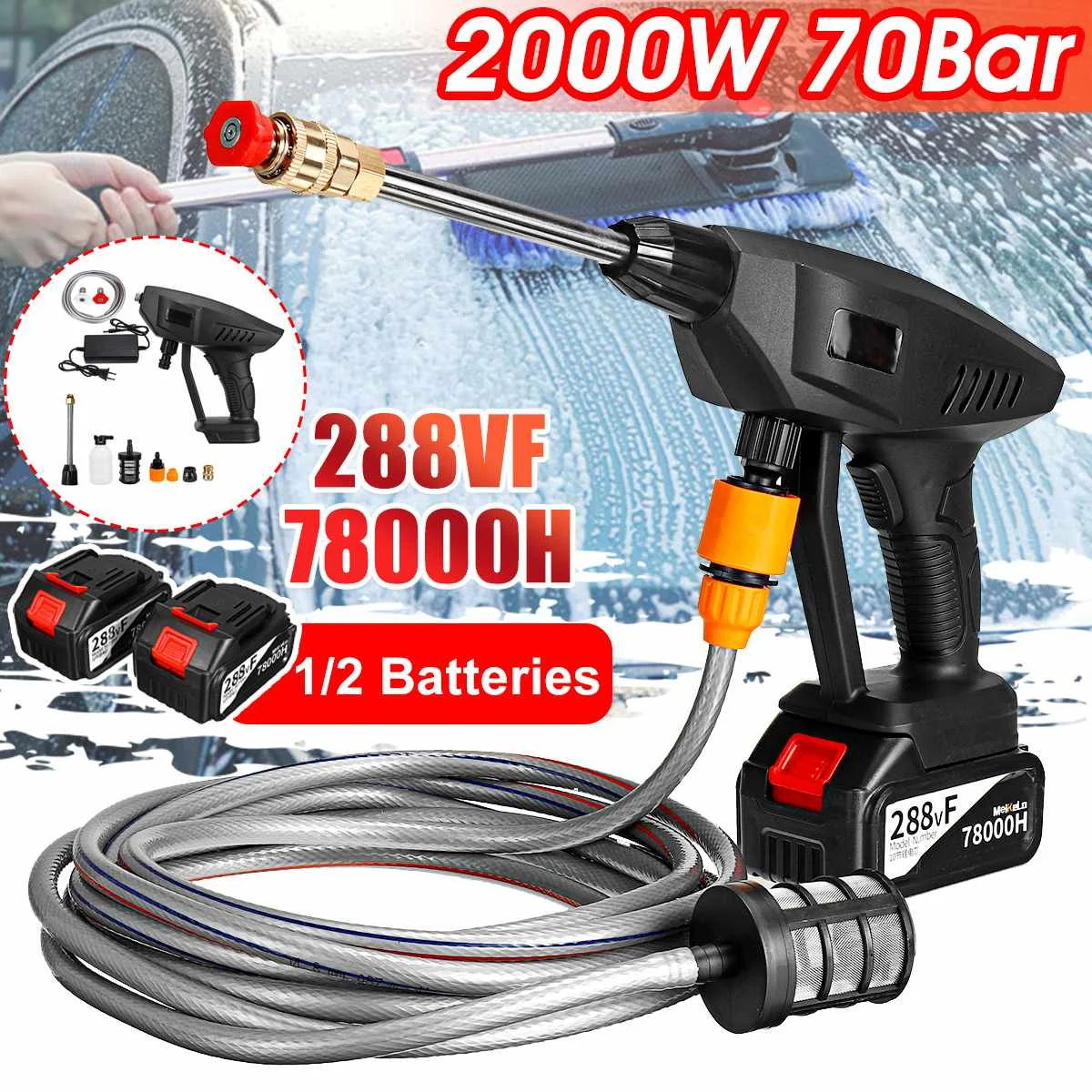 

Autoleader 2000W 288VF 70Bar Wireless High Pressure Car Wash Washer Gun 78000H Foam Generator Water Gun Spray Cleaner