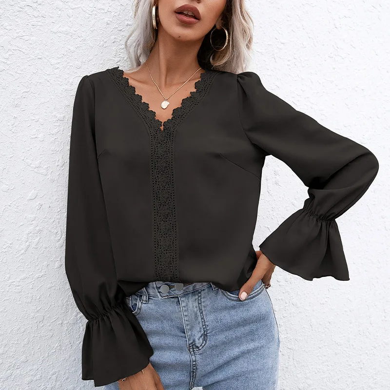 

Hollow Out Flare Long Sleeve Women Blouse Sexy V-neck White Loose Female Blouses 2021 Summer Fashion Elegant Office Ladies Tops