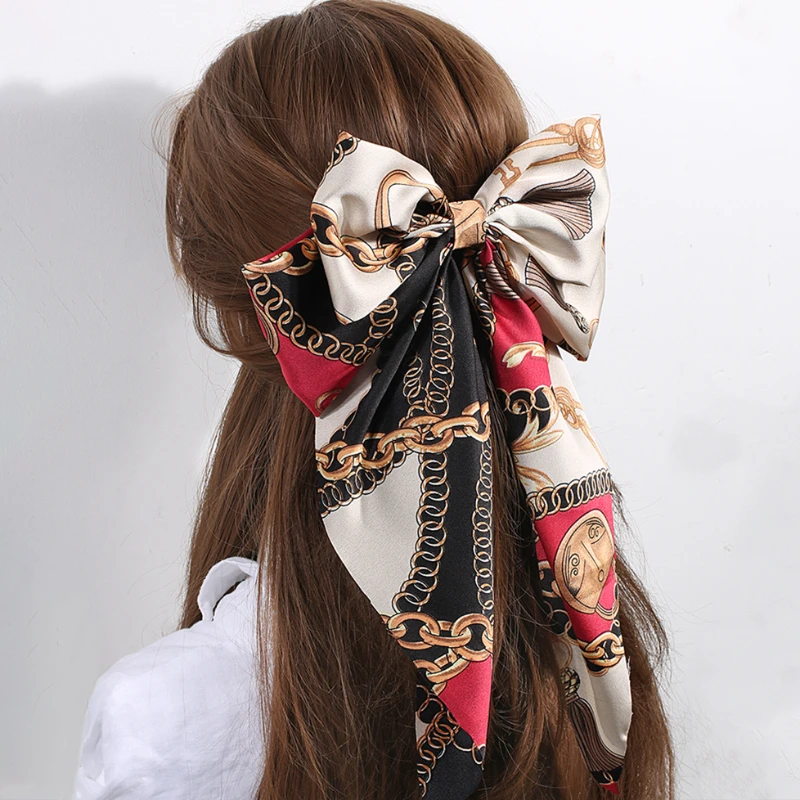 

Stain Fabric Chain Bowknot Hair Clips Barrettes For Women Long Ribbon Hairpin Simple Big Bow Top Clip Headwear Hair Accessories