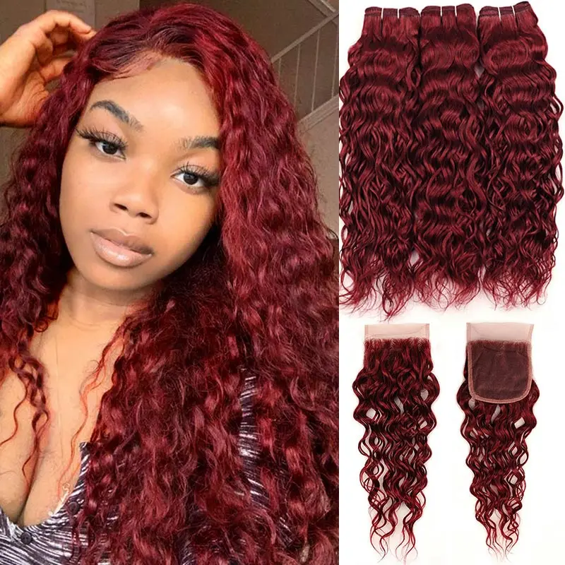 99J яркого красного цвета волнистые пряди с закрытием Волосы Remy Цветной бордовый