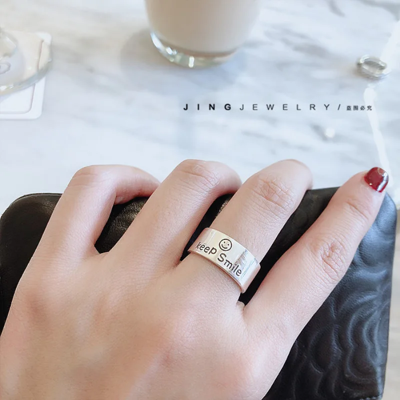 

FMILY Minimalist 925 Sterling Silver Wide-brimmed Letter Smile Ring Fashion Hip-hop Punk Creative Jewelry for Girlfriend Gifts