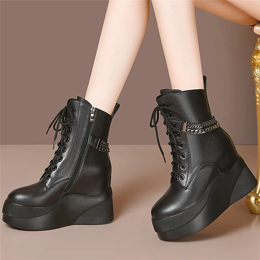 Fashion Sneakers Women Lace Up Genuine Leather High Heel Motorcycle Boots Female Winter Chunky Platform Pumps Shoes Casual Shoes