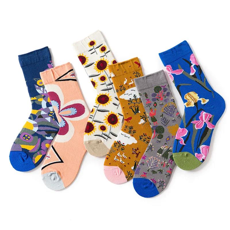 

Couple Harajuku Funny Women Winter Cotton Socks Retro Art Leaf Flowers Skateboard Street Fashion Long Socks Men Socks