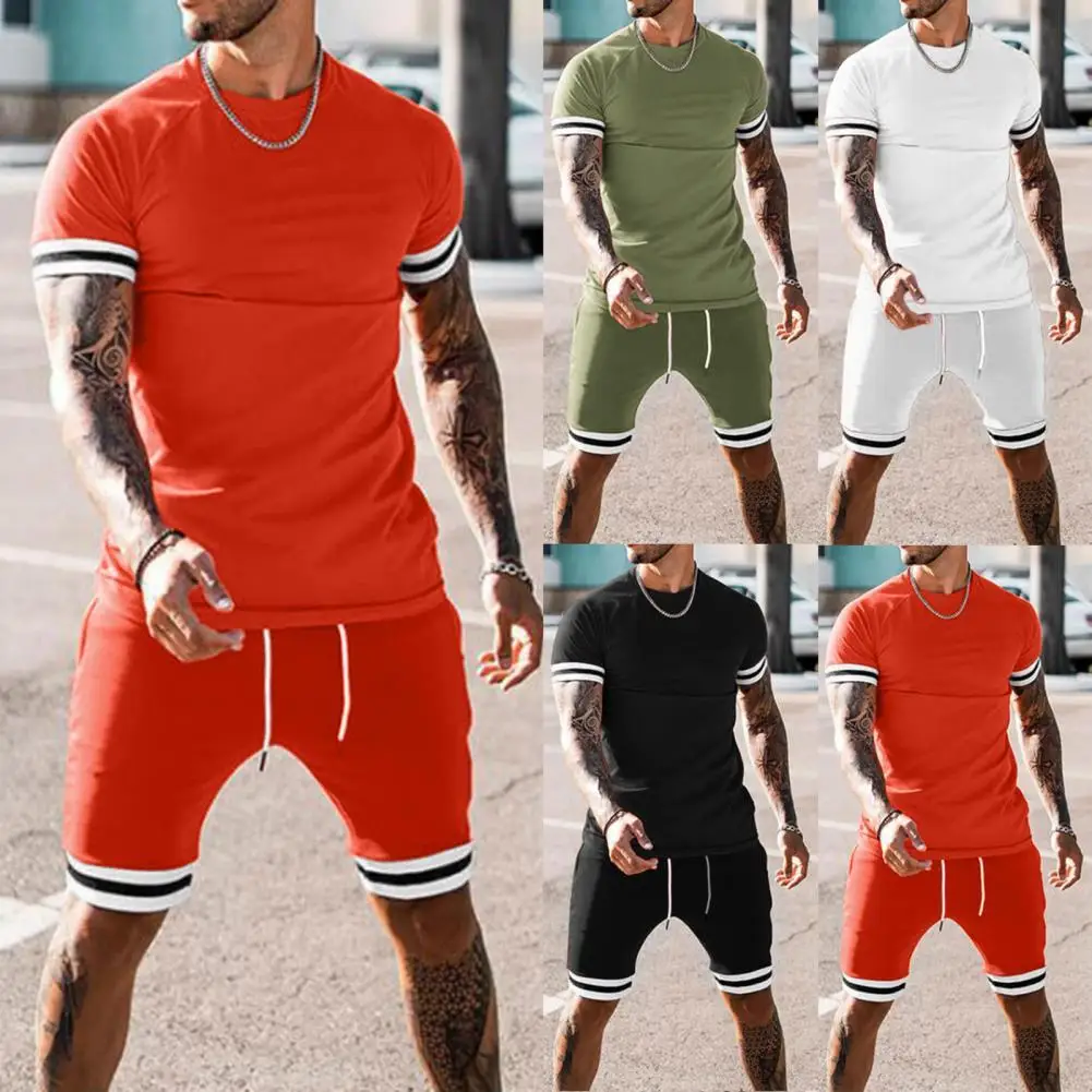 

2Pcs Men's Tracksuit Short Sleeve Summer Gym Sports Suit Jogging Sport Wear Exercise Drawstring Workout Set Sportswear