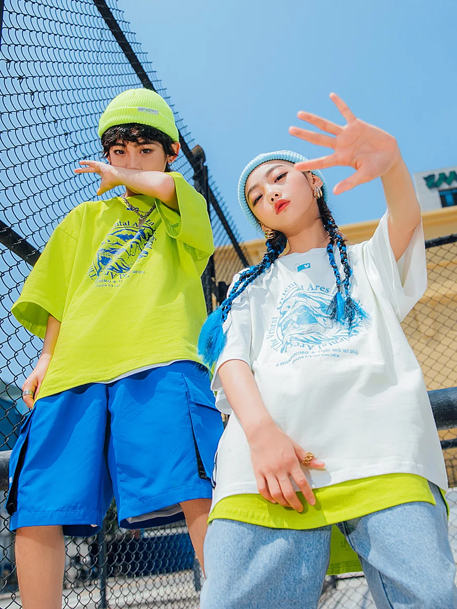 

Boys Summer Short Sleeved Shorts Hip Hop Clothing For Girls Street Dance Costumes Jazz Modern Dance Hip Hop Rave Clothes 120-170