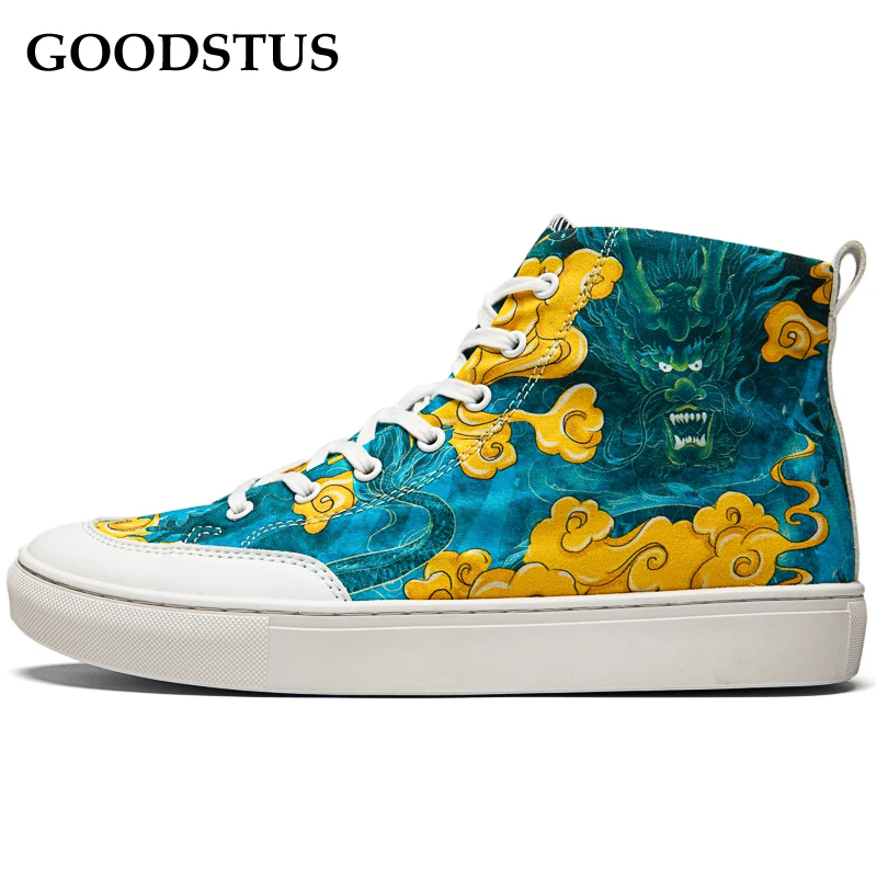 GOODSTUS Men Canvas Shoes Chinese Style Cyan Dragon Comfortable Breathable High Top Fashion Quality Couple Shoe Hot Sale | Обувь
