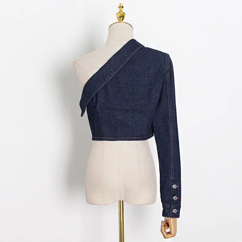 

GALCAUR Denim Casual Short Tops For Female Lapel Long Sleeve Asymmetrical Slim Jackets Women 2021 Fashion New Clothing Style