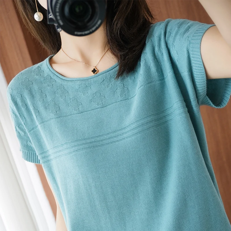 

Pure Cotton Knit Thin Short-Sleeved Women' Round Neck T-Shirt 2021 Summer New Large size Plum Pattern Base Shirt Wild Loose Top