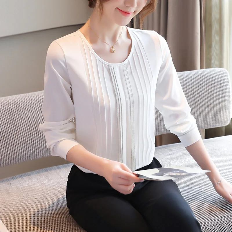 

Korean Women Blouse White Shirts Women Long Sleeve Blouses Woman Chiffon Blouses Shirts Woman Striped Shirt Tops Plus Size XXL