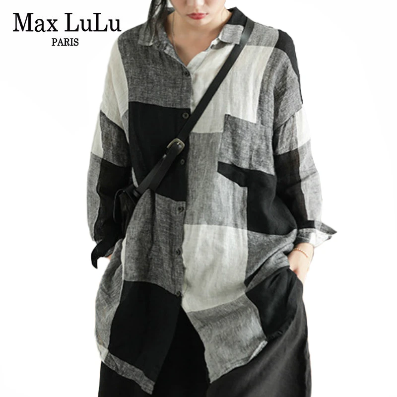 Max LuLu Модные женские топы и блузки в Корейском стиле в стиле панк женские клетчатые льняные длинные рубашки винтажная Осенняя негабаритная одежда