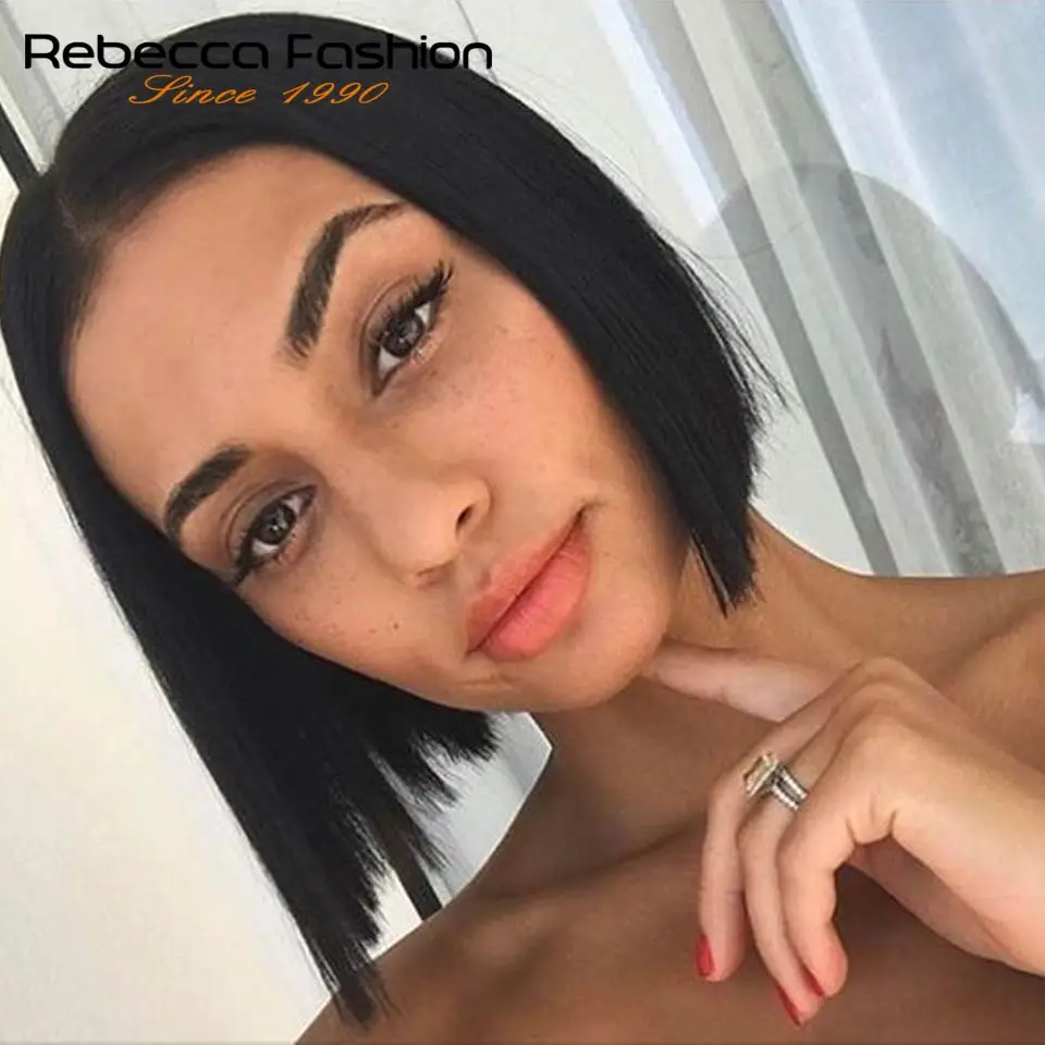 Rebecca 8 дюймов короткий Боб человеческие волосы кружевные парики для черных женщин средняя часть перуанские Remy прямые волосы парик шнурка натуральный черный
