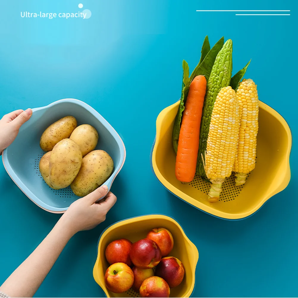 

Double Layers Drain Basket Fruit Vegatable Basket Practical Storage Basket Size Dark Blue and Yellow