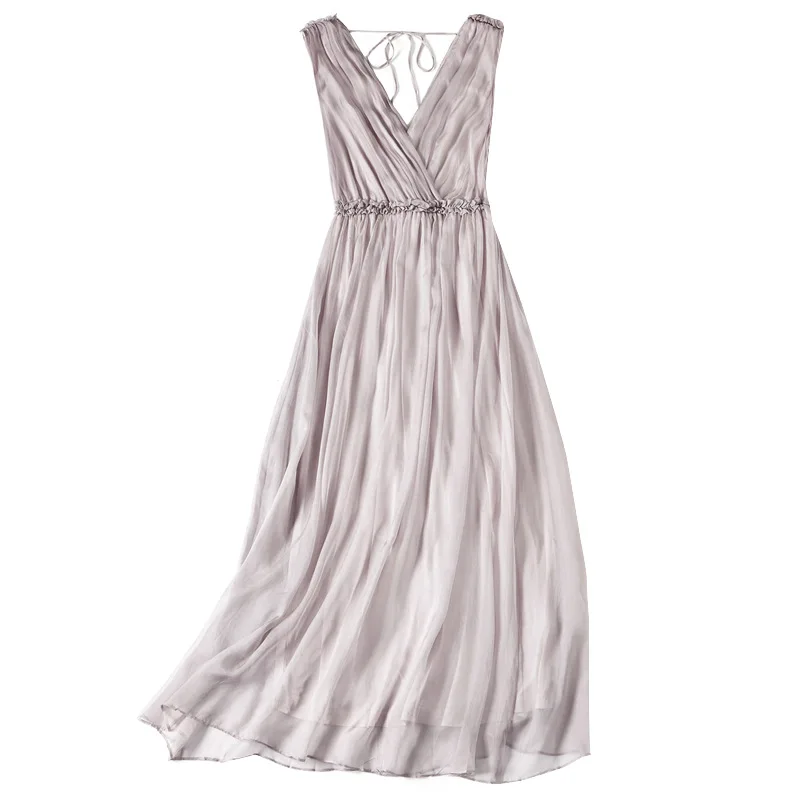 

Silk Dress 2021 Summer New Women Slim Fit Sleeveless Big Swing Fashion V-neck Silk Mid-length Dress