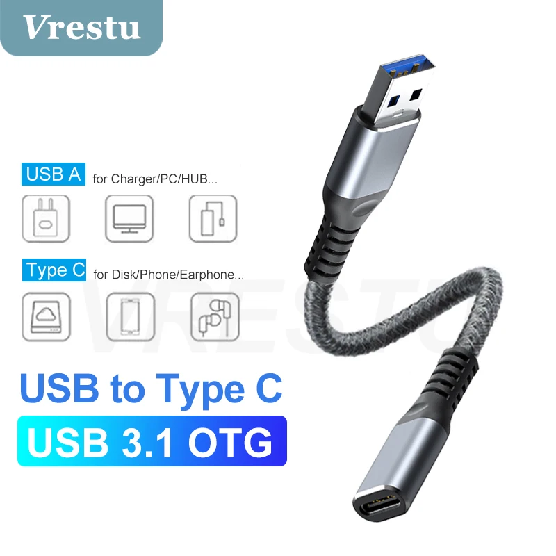 

USB3.0 to USB Type C 3.1 Adapter Mini Hi-Speed Typec Female to USB Type A Male Fast Charge Data Sync OTG Braided Cable Converter