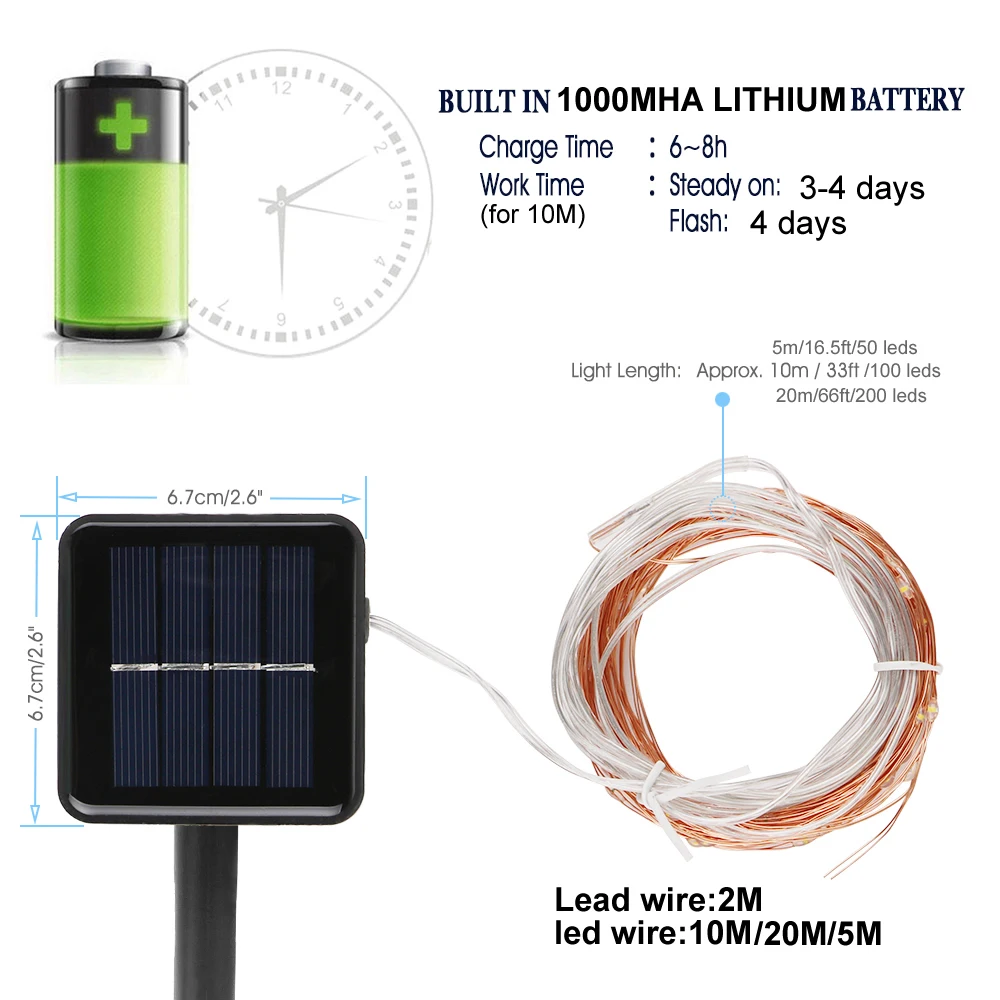Солнечная энергия LED Koliday light 20 м медная проволочная гирлянда наружная