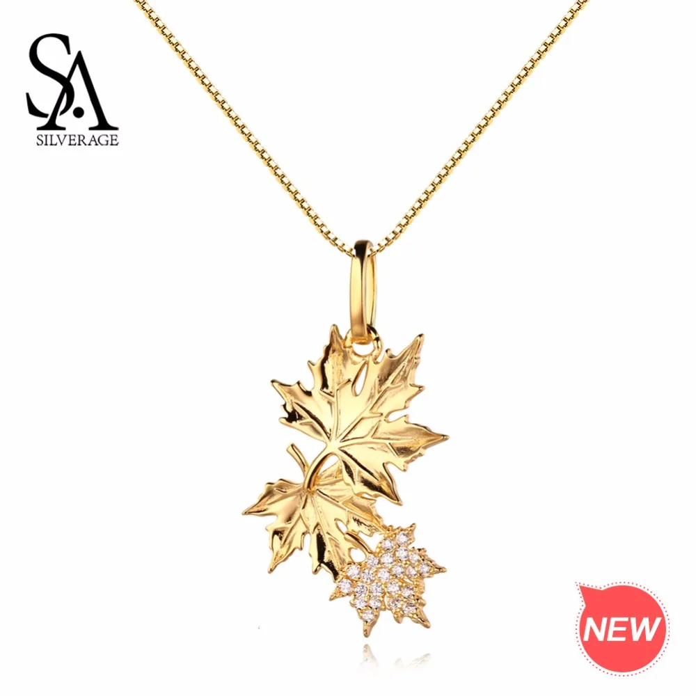 SA SILVERAGE, настоящее 925 пробы, серебряное, желтое, золотое ожерелье с подвеской в виде кленового листа, женская подвеска, 925 серебро, цирконий, золотое ожерелье