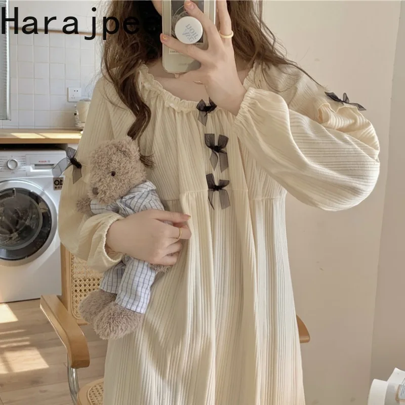 

Ночная рубашка Harajpee в Корейском стиле, свободная мягкая сорочка в стиле принцессы с круглым вырезом и длинным рукавом, шикарная домашняя од...