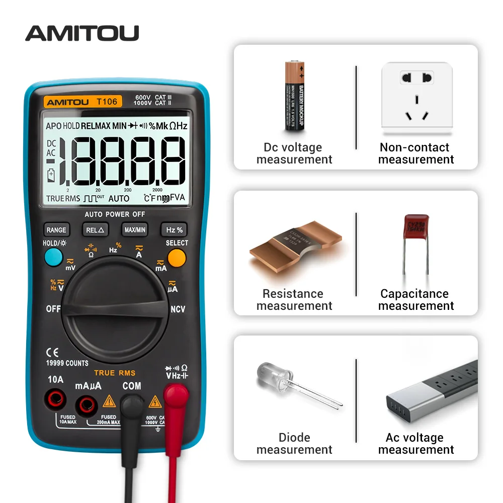 AMITOU T106 Профессиональный антисжигающий Цифровой мультиметр Бесконтактный AC/DC Амперметр Вольтметр Авто мультиметровый Сопротивление Емкость цифровой мультиметры mastech