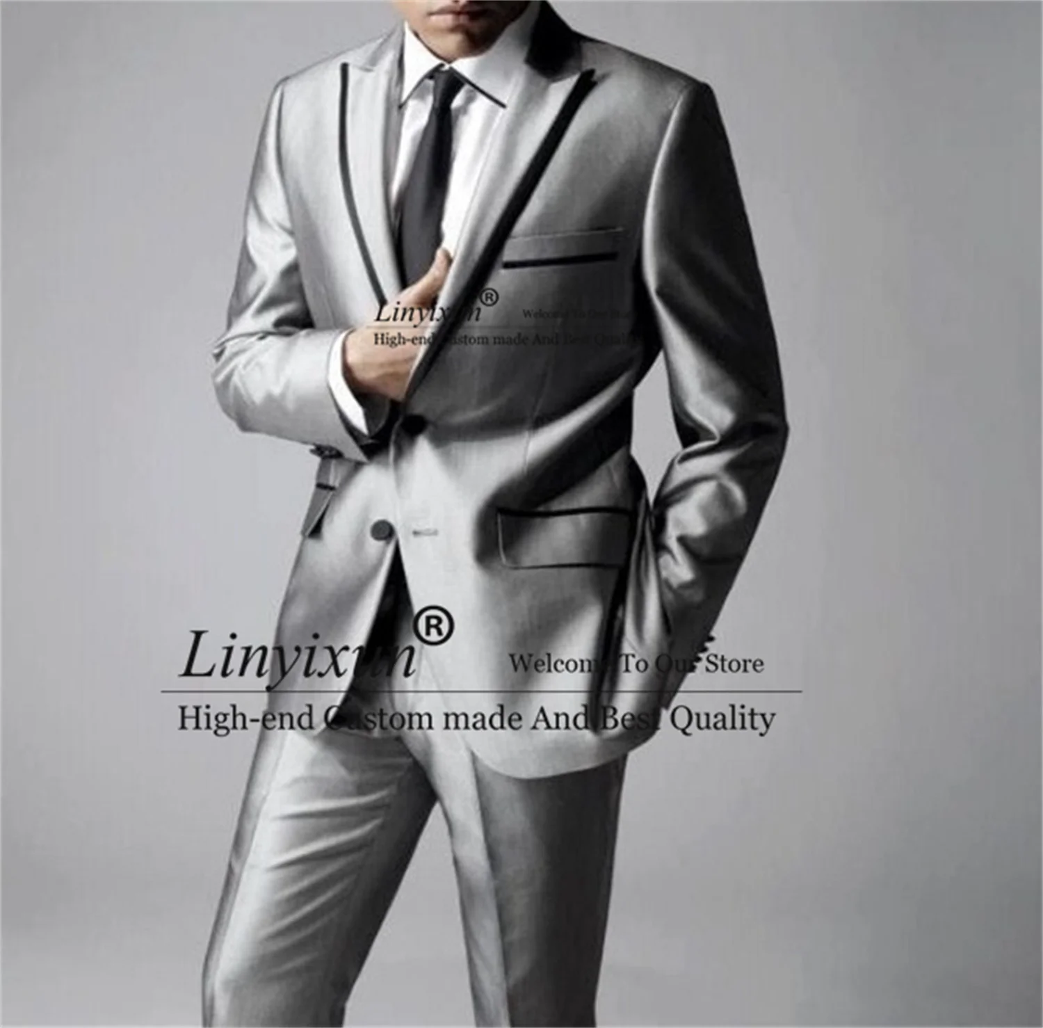

Formal Sliver Grey Men Suits Slim Fit Black Peak Lapel Groomsmen Brazer 2 Pieces ( Jacket+Pants) Costume Homme Terno Masculino