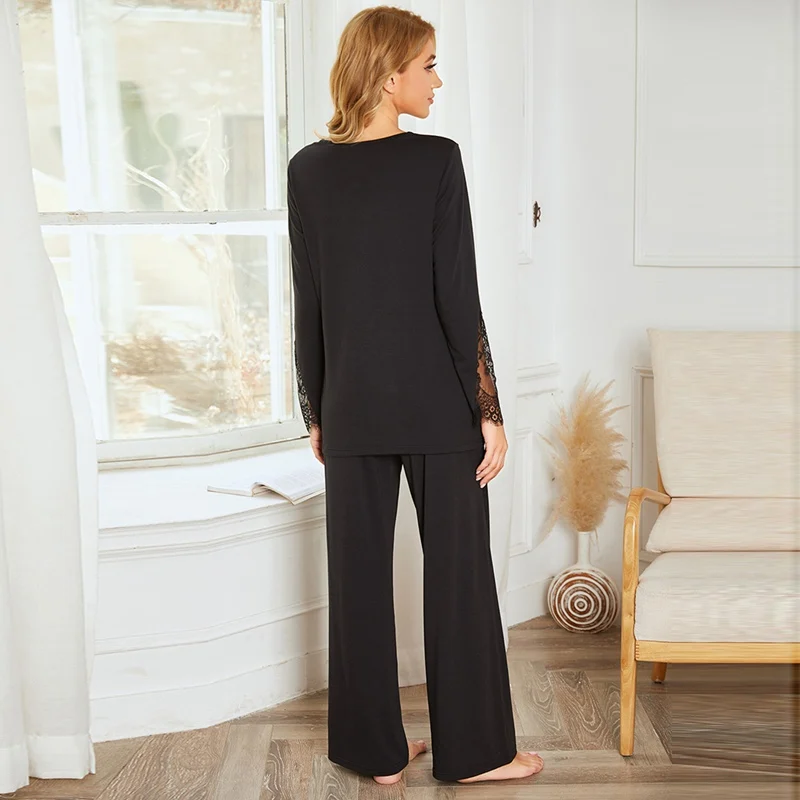 

Autumn Winter Women Cotton Pajamas Suit Solid Color Lace Patchwork Long-sleeved Casual Warm HomeWear Pajama Sets