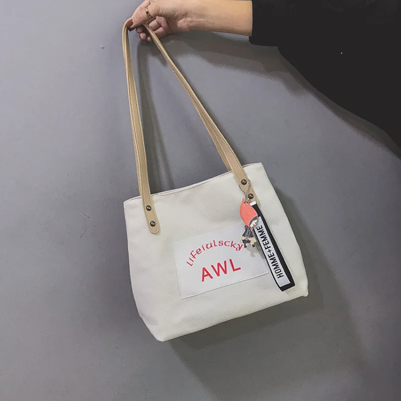

Women's Trend White Canvas Tote Bag Japanese Fashion Casual Solid Color Big Shopper Bag Shoulder Bag For Women Handbags