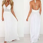 Женское кружевное платье с лямкой на шее, однотонное белое пляжное платье без рукавов с открытой спиной в богемном стиле, длинное платье, модель # G2, на лето