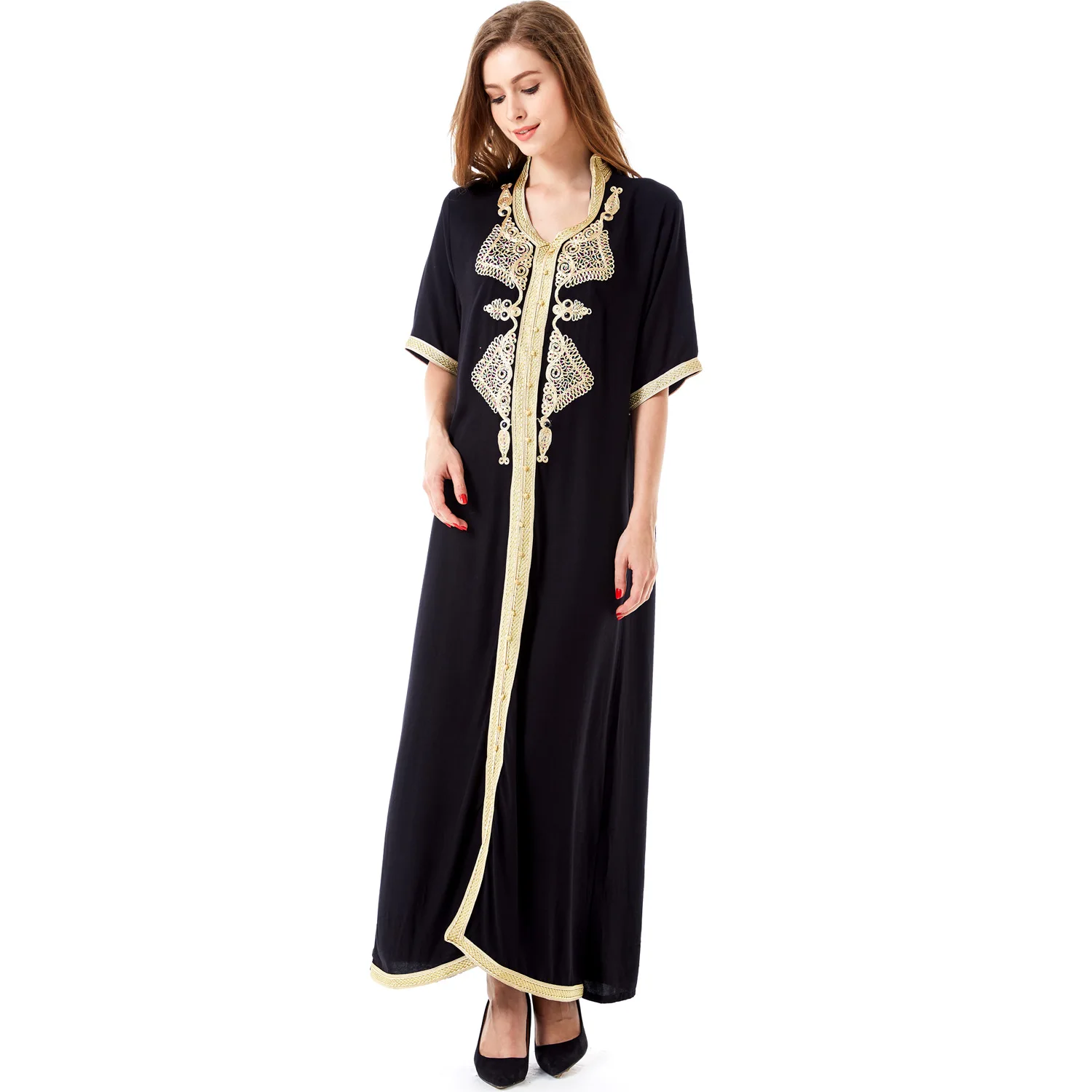 2021 мусульманская длинная юбка на Среднем Востоке, платье с вышивкой, арабское женское свободное платье с коротким рукавом, кафтан