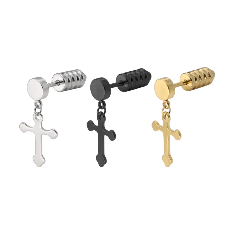 

AsJerlya 2021 Fashion Stainless Steel Screw-back Stud Earrings Hanging Cross Simple Human Body Piercing Women Jewelry