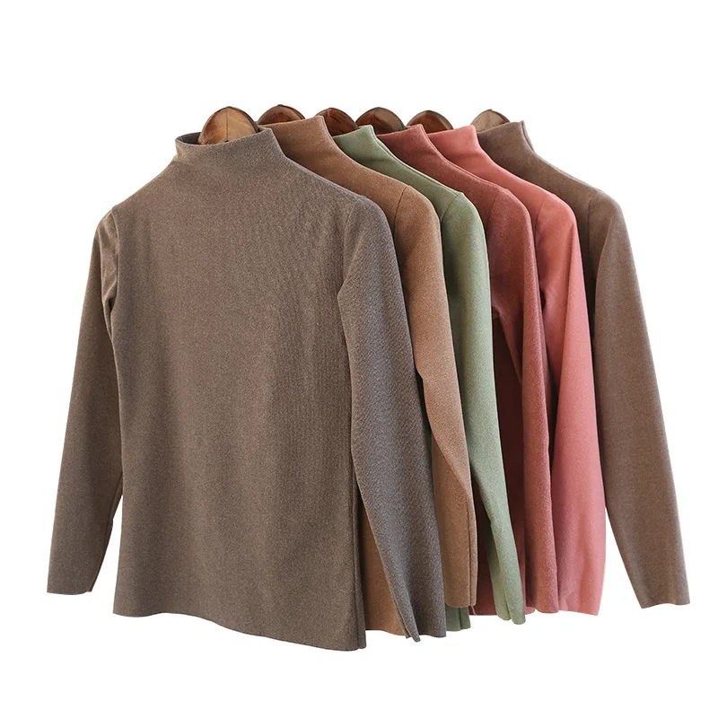 

2021 Autumn Winter Thickened T-shirt Keep Warm Tops Solid Color Half a Turtle Neck Elastic Knitting Slim Lingerie
