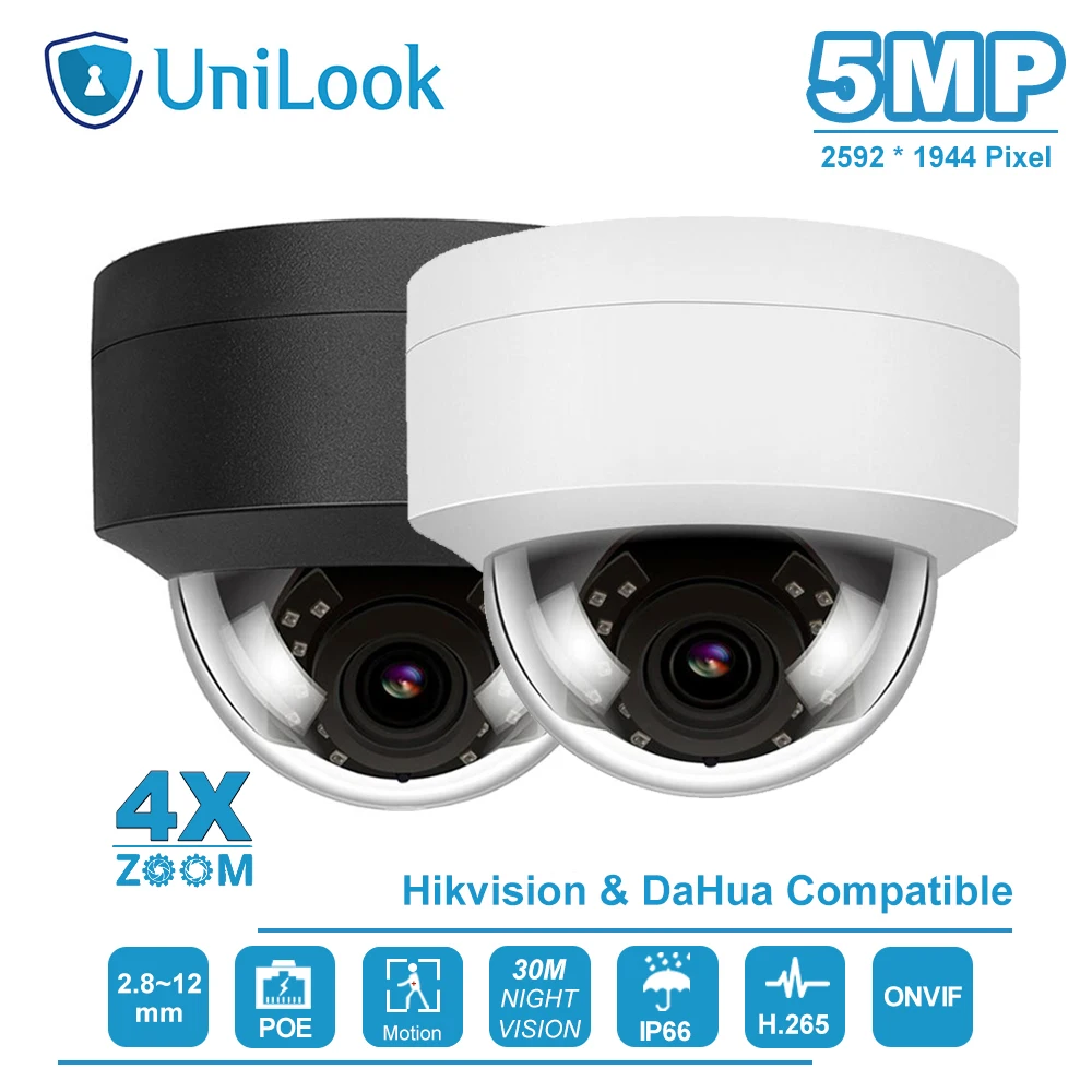 UniLook(Совместимость с Hikvision) 5MP купольная 4-кратная зум POE ip-камера для дома/улицы, для безопасности, ИК 30 м, защищенная от атмосферных воздействий, IP66 H.265, ONVIF