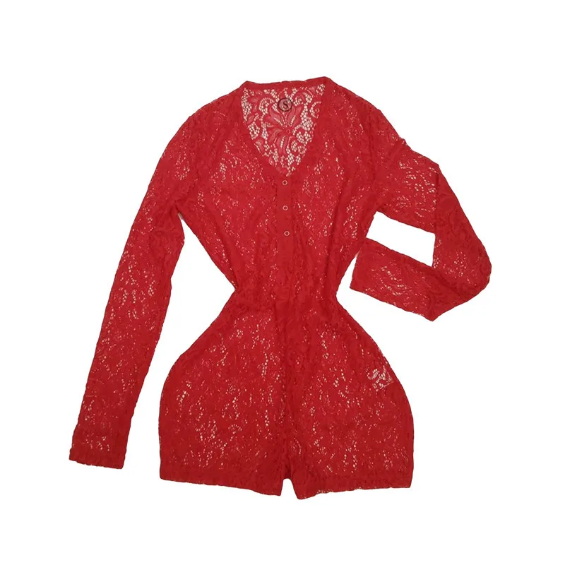 Женский кружевной комбинезон с V-образным вырезом на пуговицах длинным рукавом