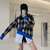 jessic pullovers women argyle panelled knitted vintage sweaters loose lazy korean style streetwear casual fashion sweet autumn