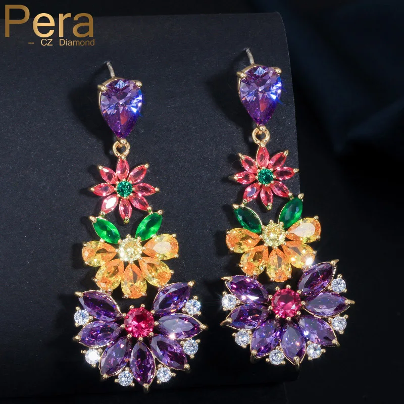 Pera трендовые женские вечерние серьги из серебра 925 пробы с большим разноцветным кубическим цирконием Длинные Цветочные серьги в форме капель ювелирные изделия E015