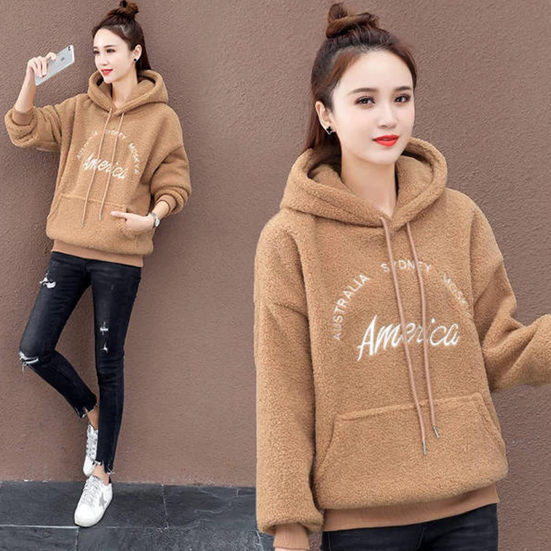 Женская толстовка с капюшоном толстый теплый пуловер имитацией овечьей шерсти