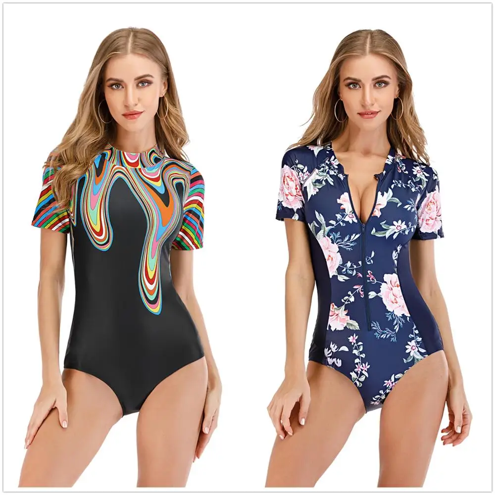 Цельный короткий рукав купальник Рашгард принт Для женщин комбинезон купальный