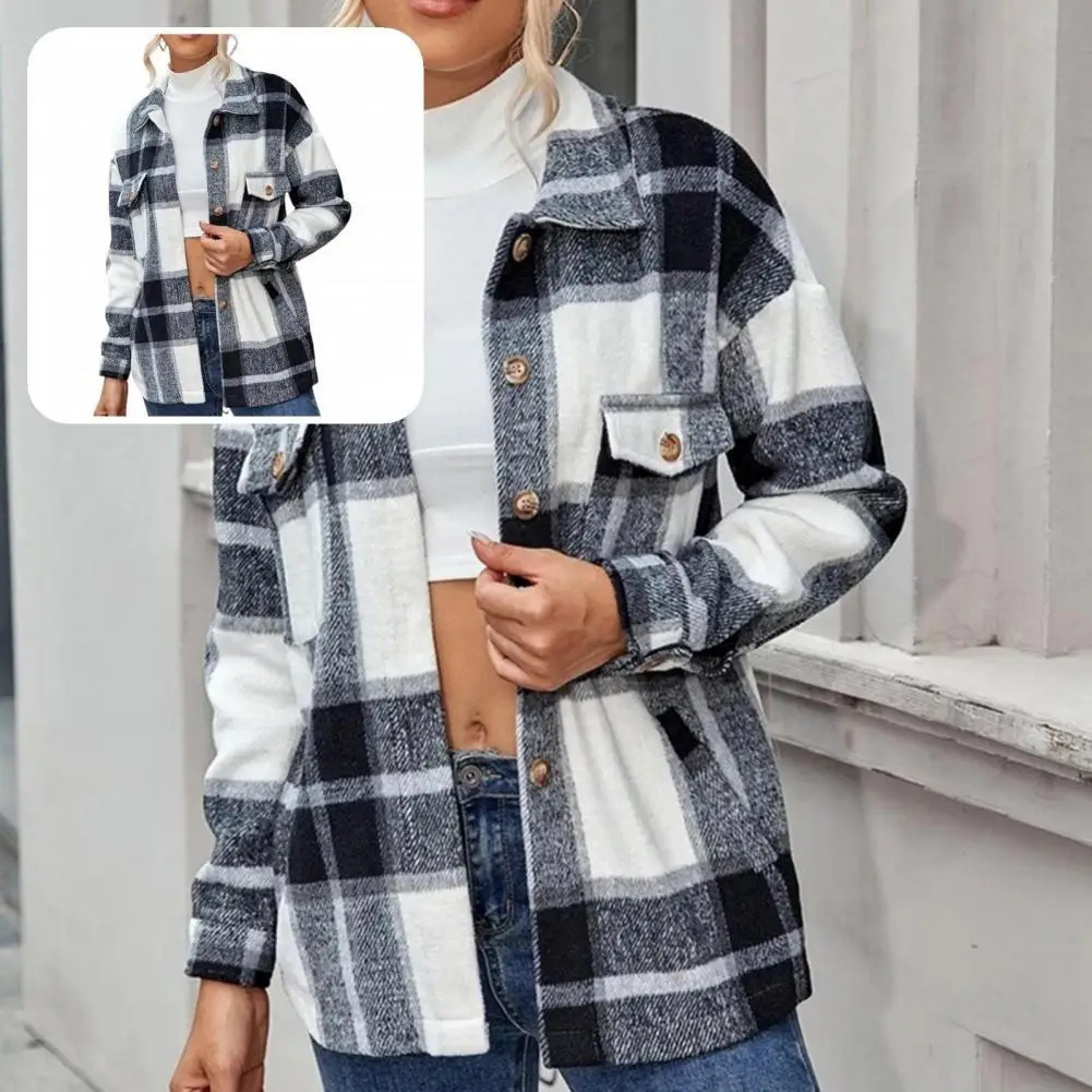 

Autumn Winter Fashion Plaid Print Casual Shirt Coat Skin-Touch Casual Coat Flap Pockets for Office