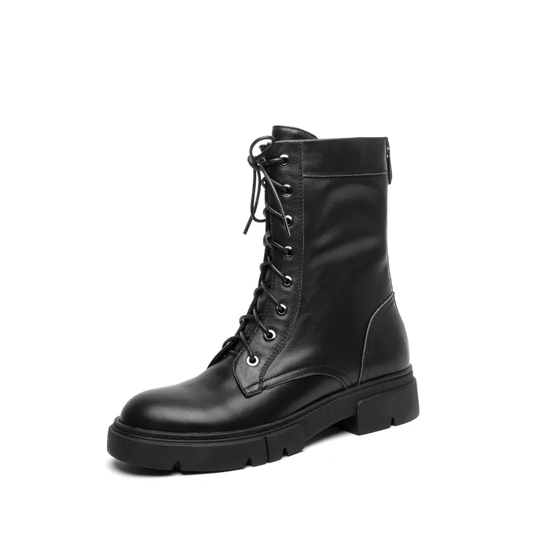 

ANNYMOLI Flat Platform Ankle Boots Woman Natural Genuine Leather Motorcycle Boots Lace Up Shoes Zip Short Boots Ladies Black 39