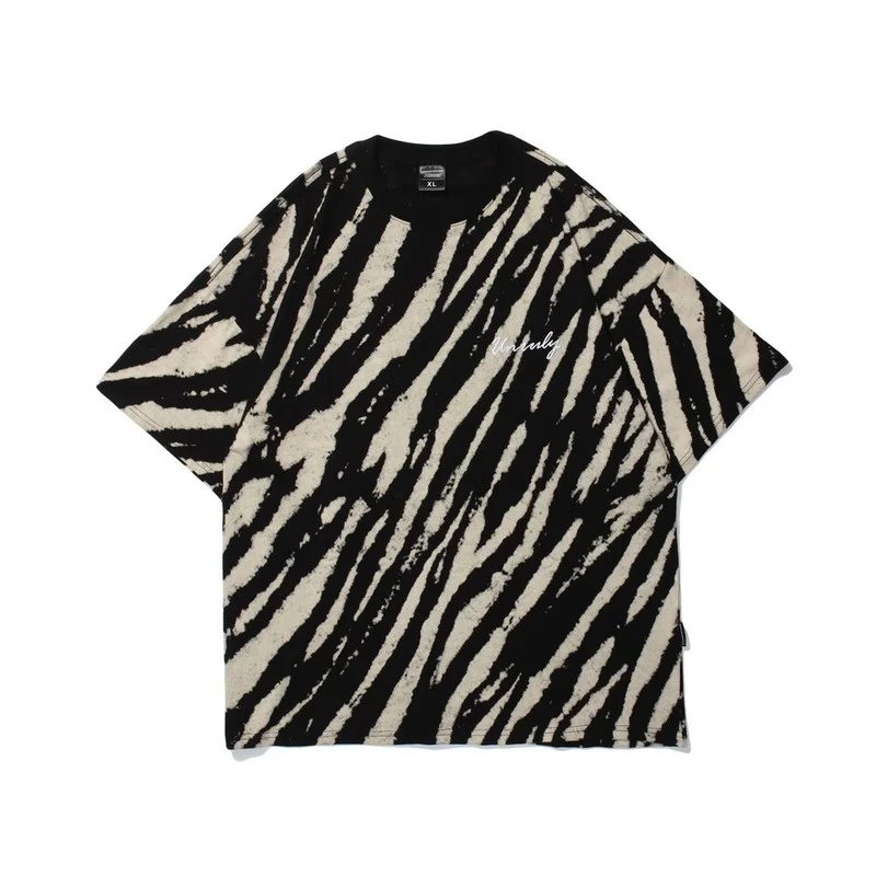 

National Tide Zebra Striped Short-sleeved T-shirt Men's Ins Tide Brand Round Neck Street Trend Loose Five-point Sleeve T-shirt