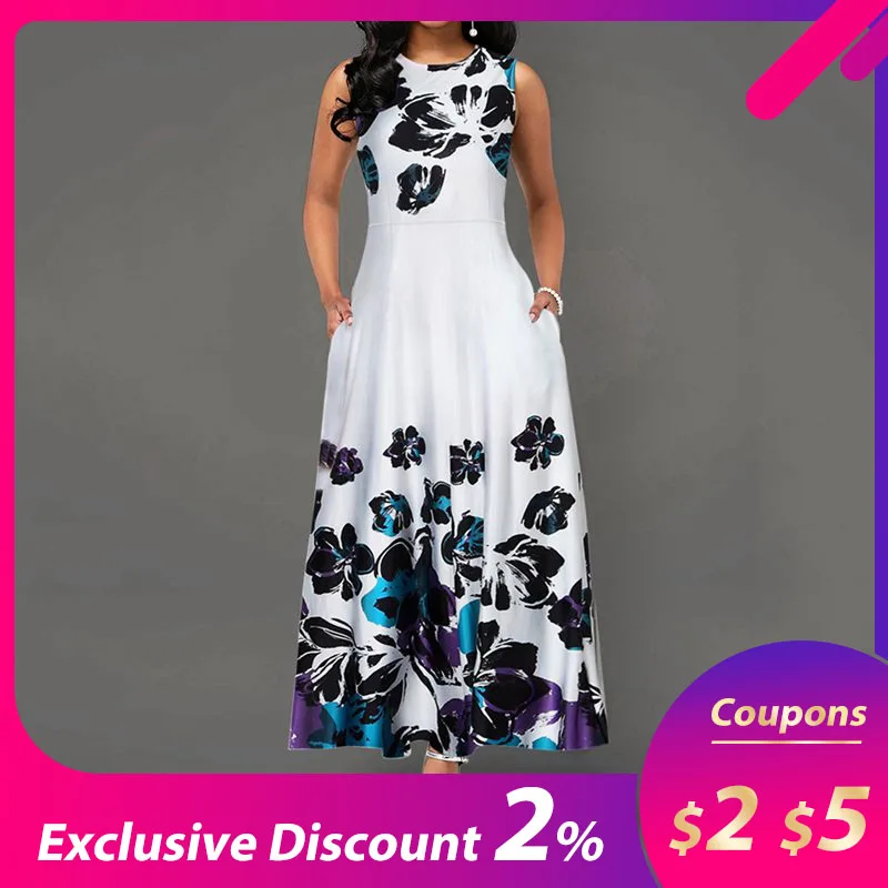 Женское платье макси без рукавов белое винтажное с цветочным принтом и карманом