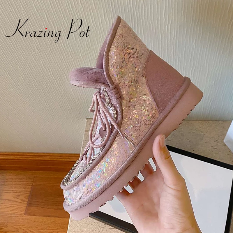 

krazing pot large size sequined cloth round toe low heel comfortable snow boots rhinestone sweet winter warm fur ankle boots L09