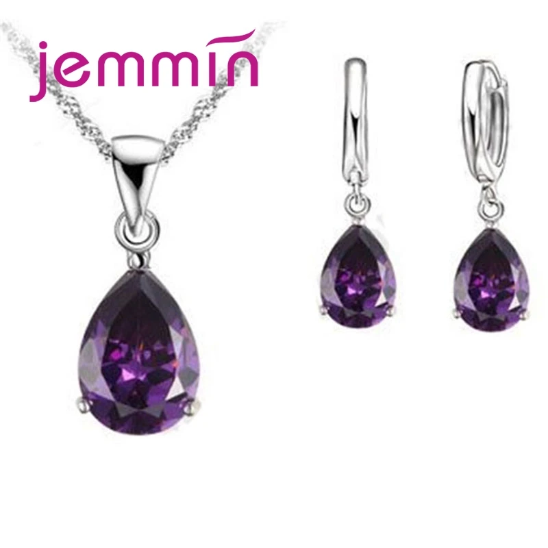 Hot Sale Jewelry Sets for Women Brides S925 Sterling Silver White Purple Zircon Stone Water Drop Pendant Necklace/Hoop Earrings | Украшения